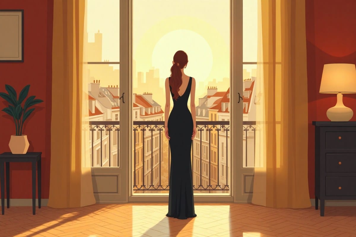 Femme élégante de dos regardant les toits de Paris depuis un appartement