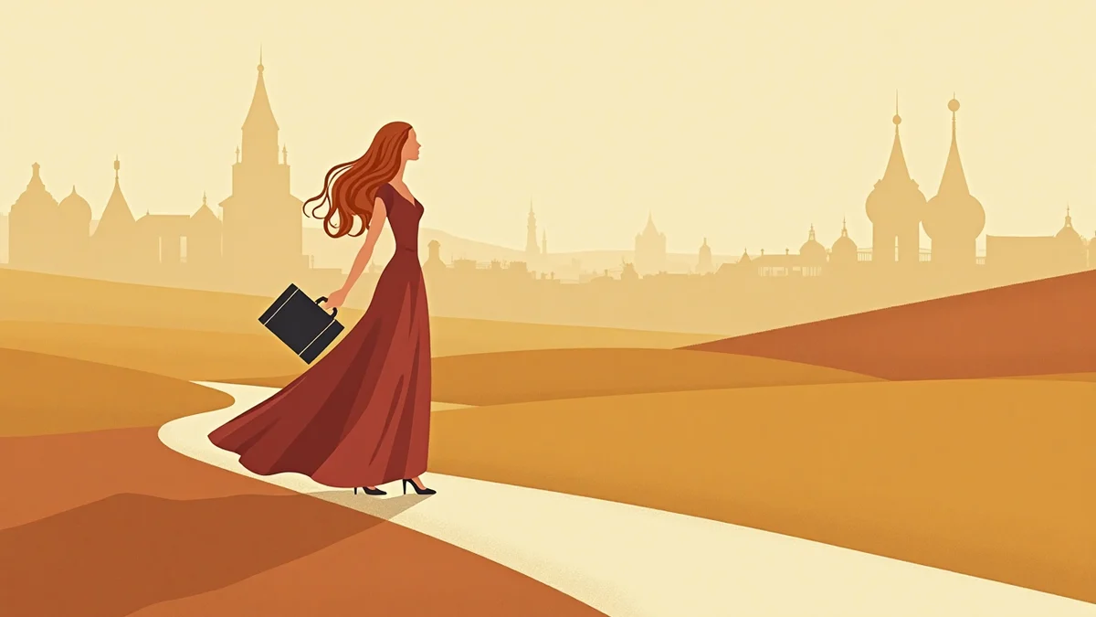 Femme élégante marchant avec une valise, silhouette de ville russe au loin