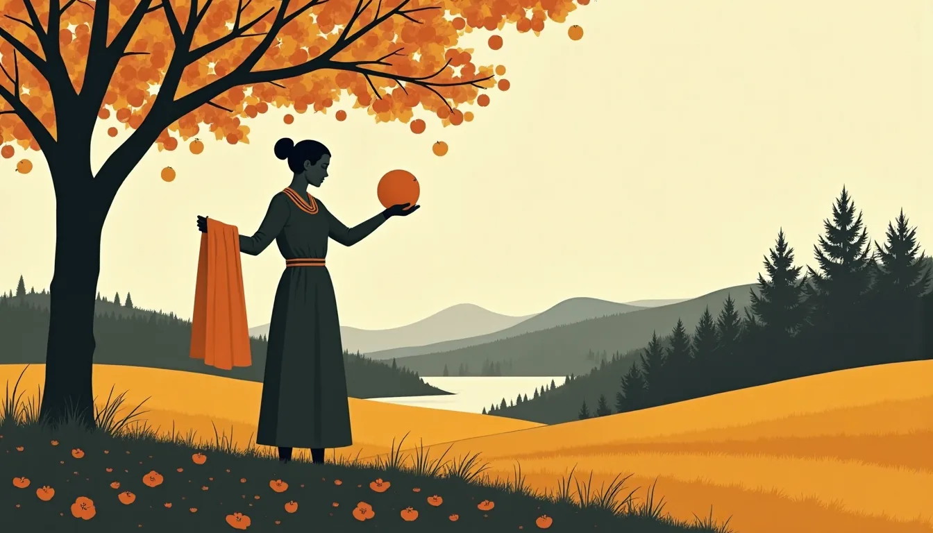 A woman hanging washing between two apple trees