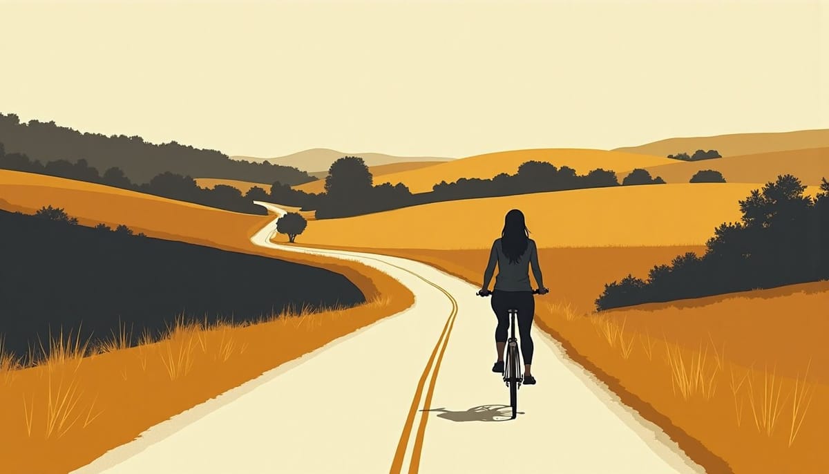 A country lane with a woman cycling away from the viewer
