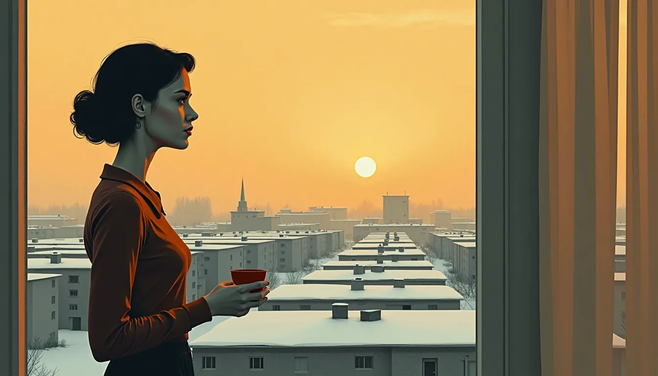 Femme russe contemplant Moscou au coucher du soleil depuis sa fenêtre