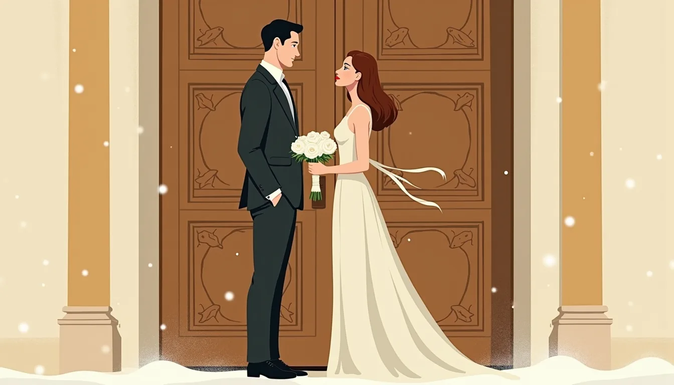 Couple devant les portes sculptées d'une cathédrale de Souzdal
