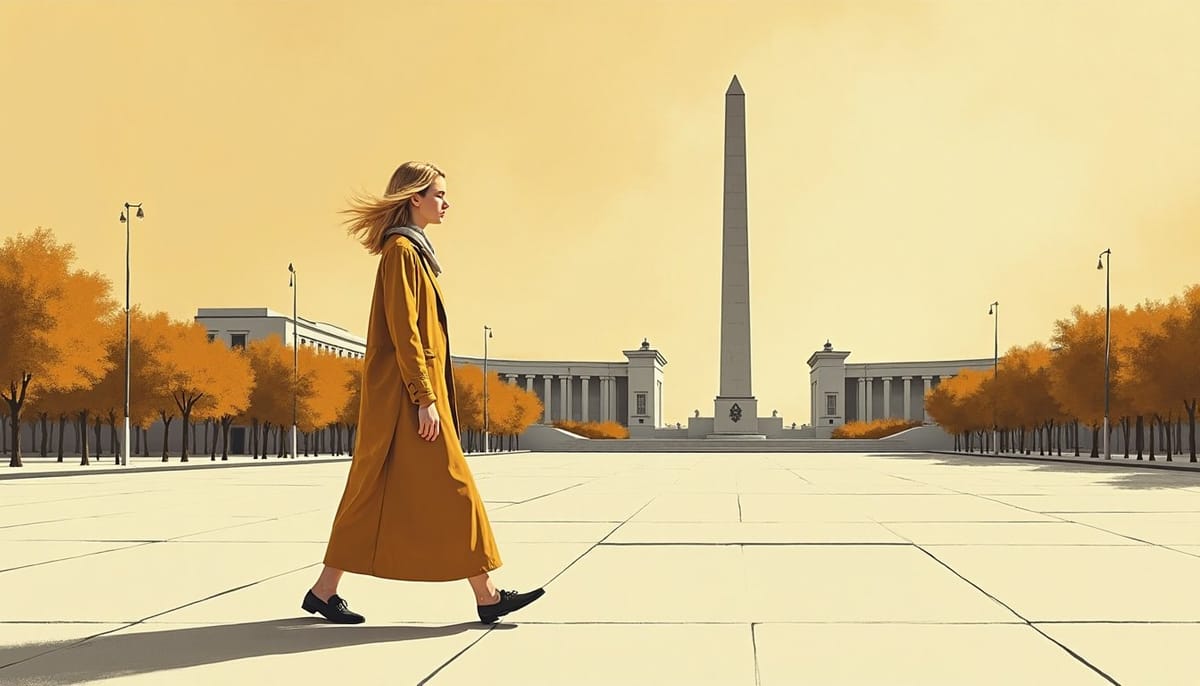 Une jeune femme blonde traverse une grande place de Minsk