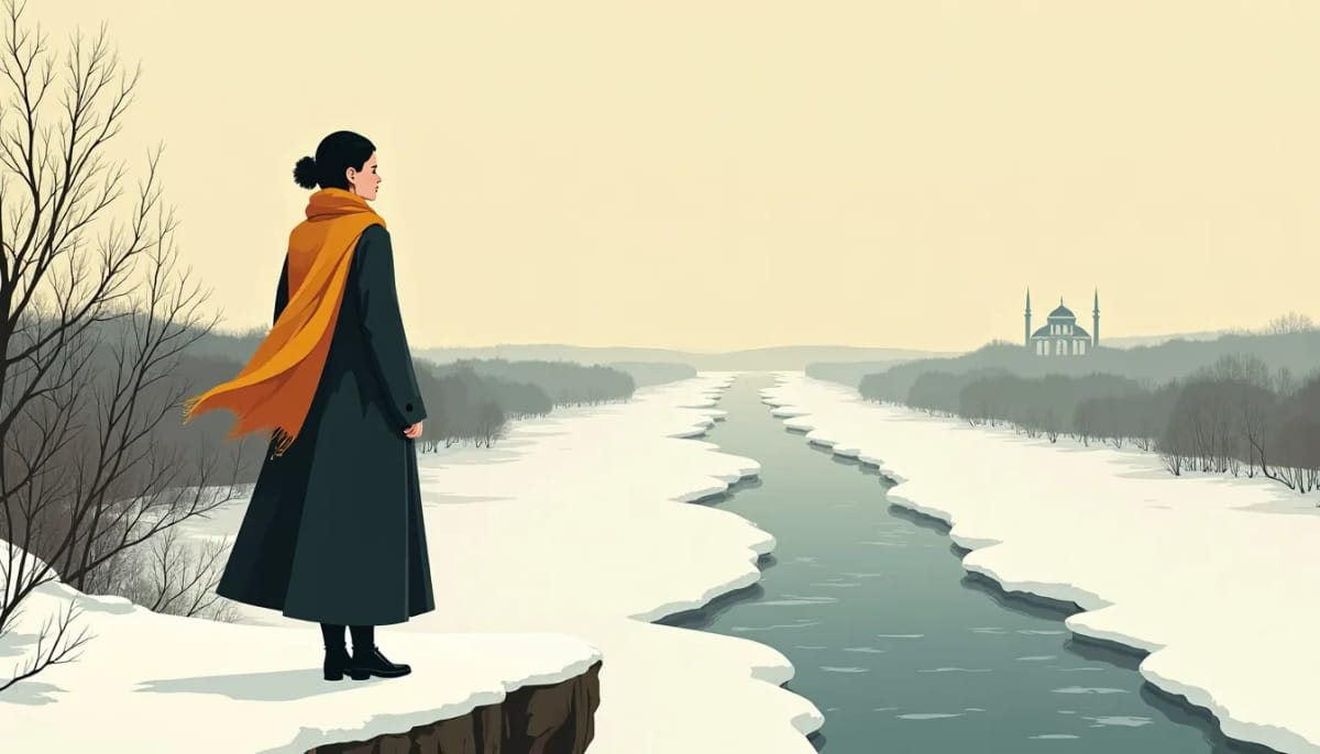 Femme de profil sur la falaise de la Volga gelée, Kazan à l'horizon
