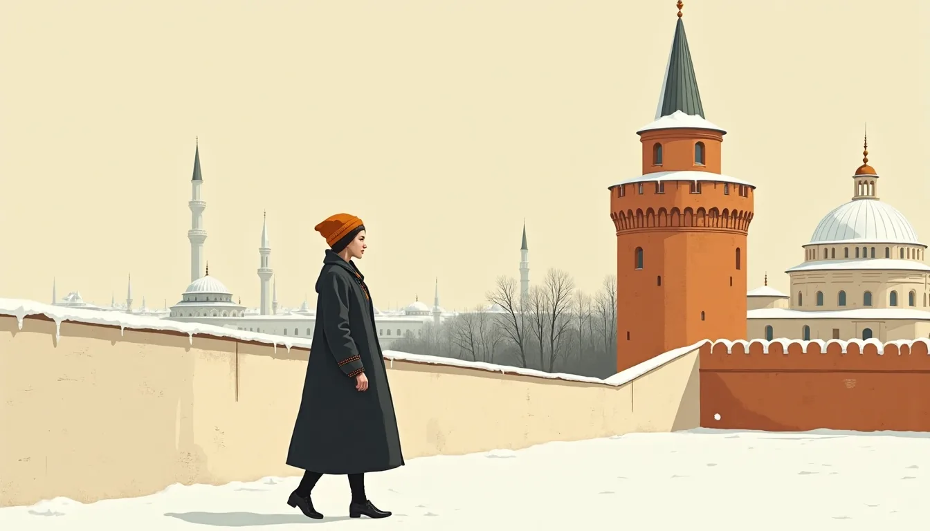 Femme au kalfak dans le kremlin de Kazan enneigé, tour penchée et mosquée