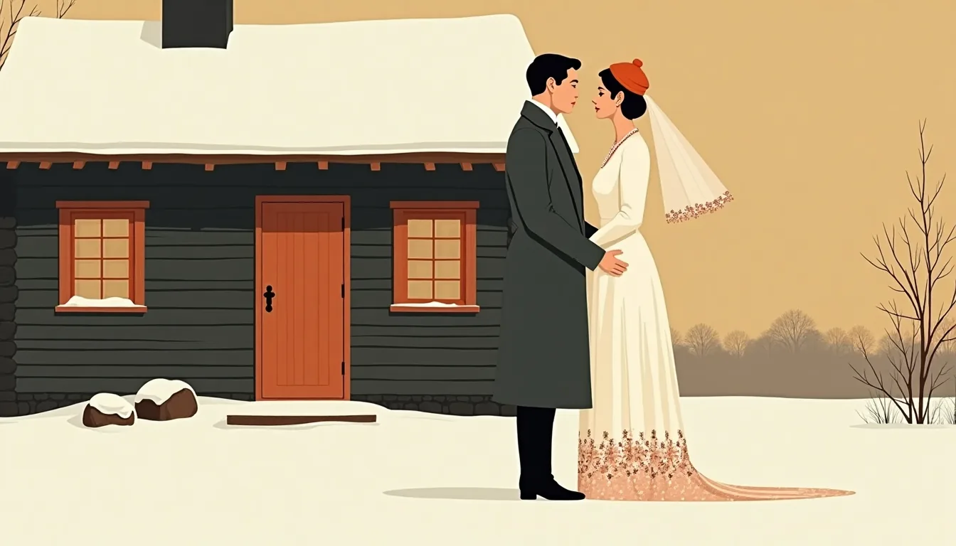 Mariée tatare et son marié face à face devant une isba sous la neige
