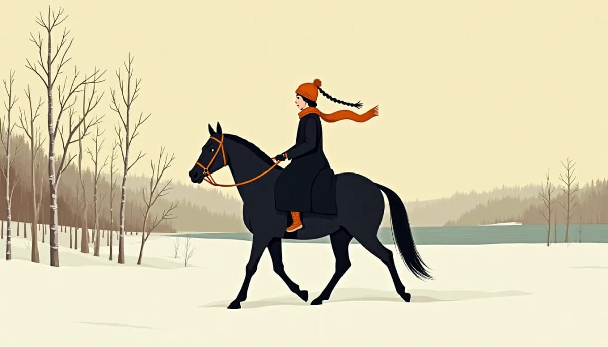 Cavalière au kalfak sur une plaine enneigée, Volga gelée au loin