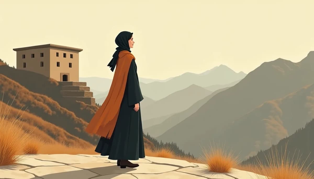 Femme en foulard sur une terrasse, vallée du Caucase en contrebas