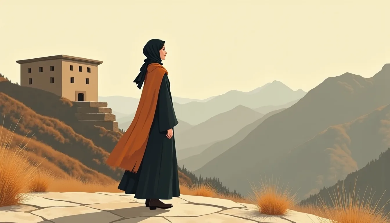 Femme en foulard sur une terrasse, vallée du Caucase en contrebas