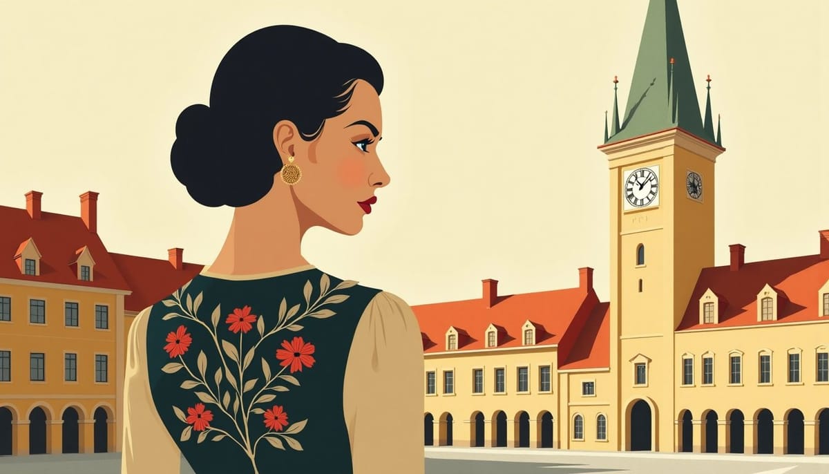 Femme en blouse brodée devant les façades de la vieille ville de Lviv