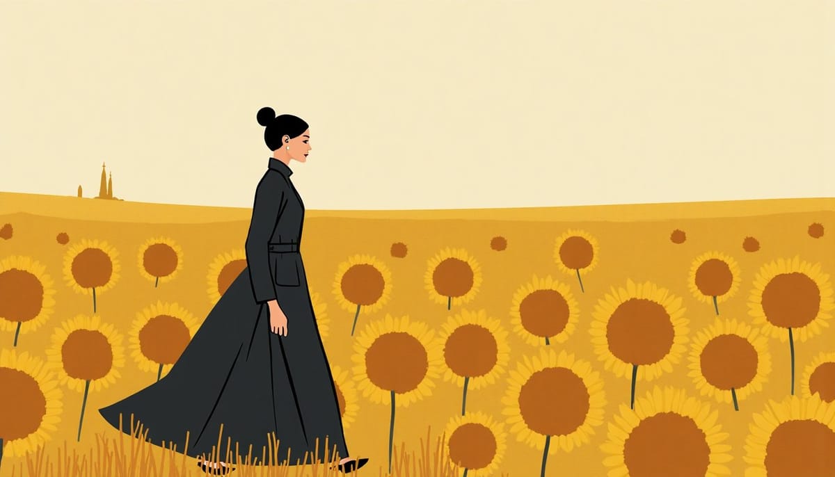 Femme de dos marchant dans un champ de tournesols