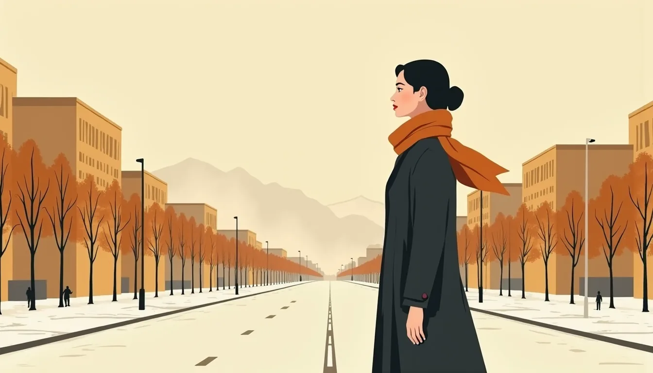 Femme sur une avenue de Bichkek, montagnes au fond