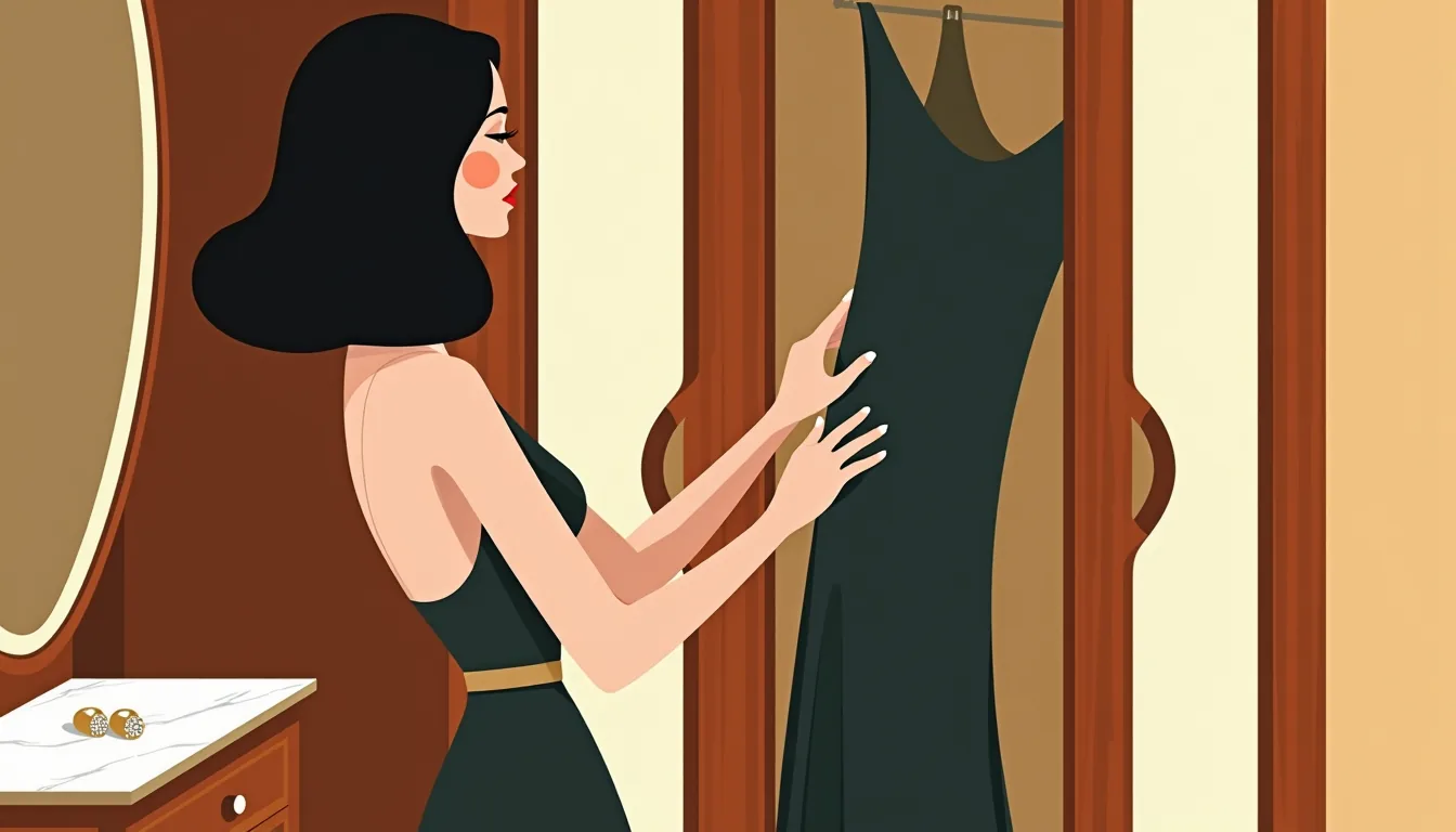 Femme choisissant une robe de soirée dans une armoire en merisier