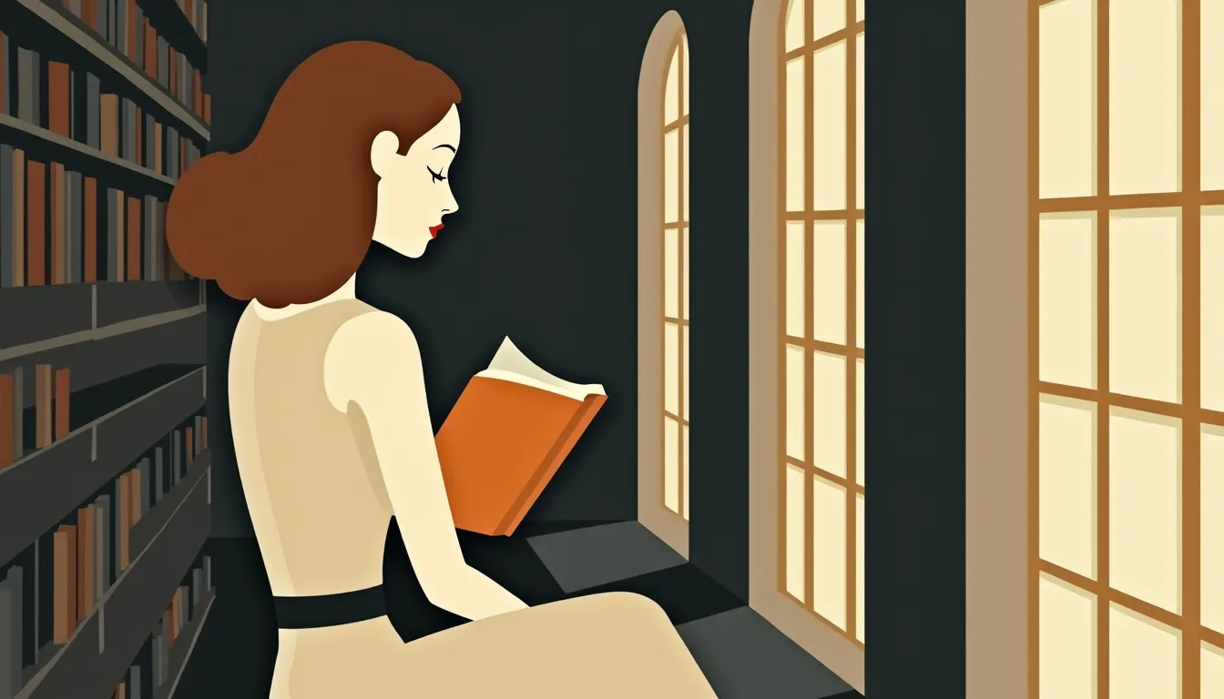 Femme lisant dans un coin d'une bibliothèque baroque