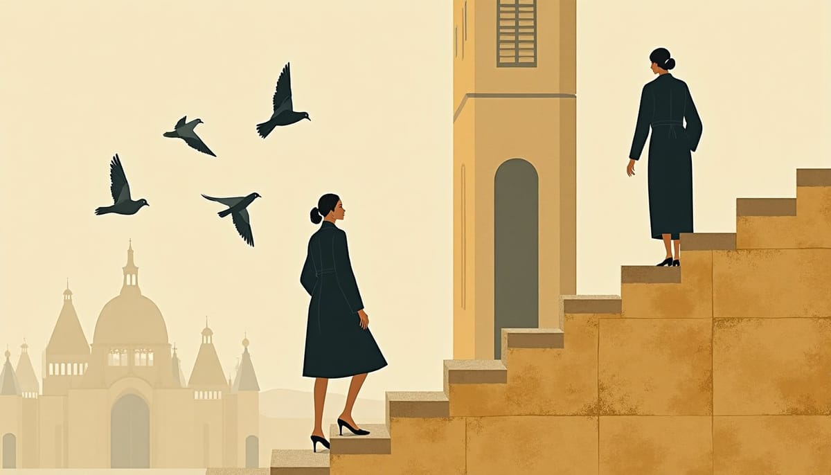 A woman climbing the steps of a cathedral