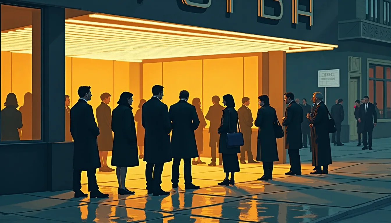 File d'attente devant un cinéma le soir, néons