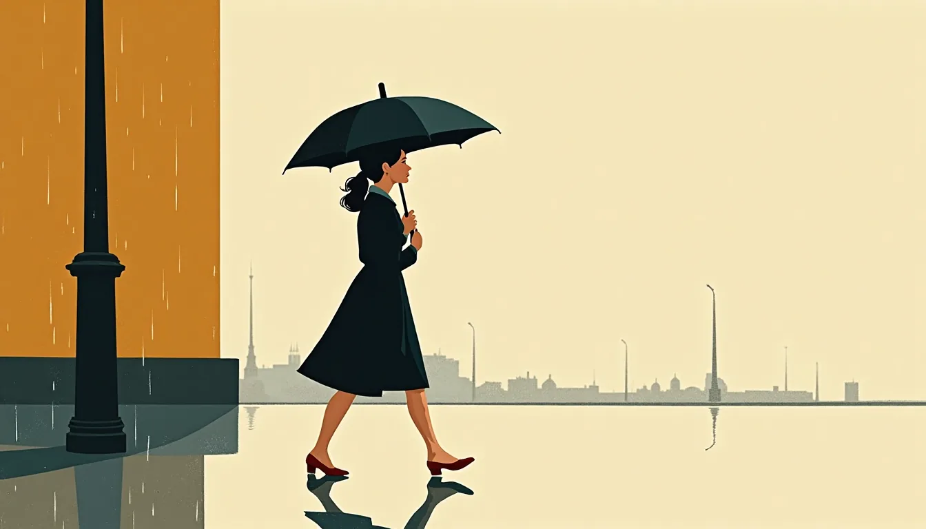 A woman crossing a wide boulevard with an umbrella against the rain