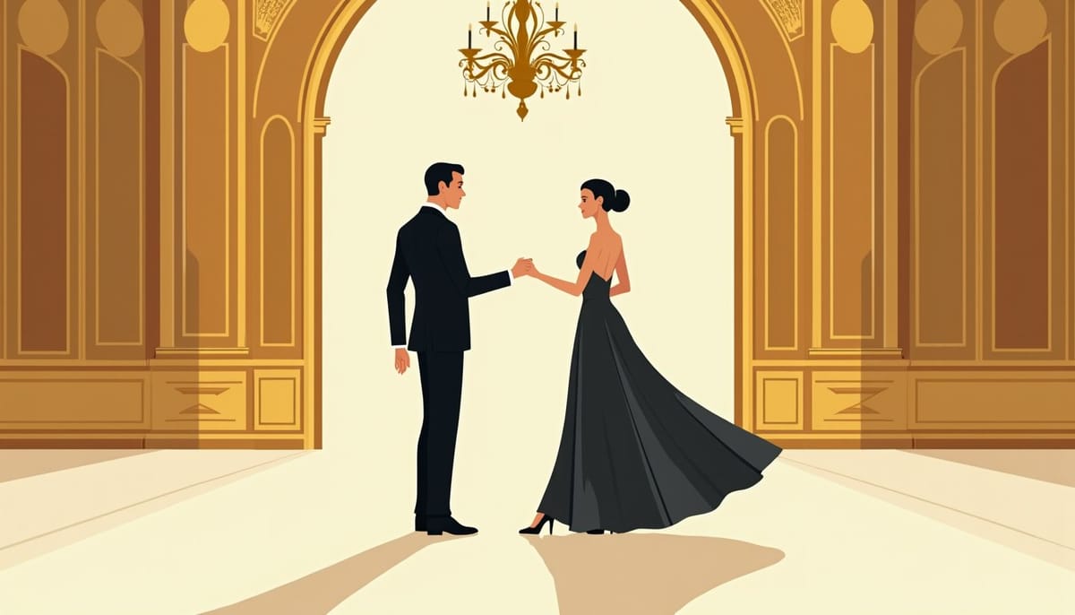 Illustration mid-century d'un couple qui danse à bout de bras dans un salon doré