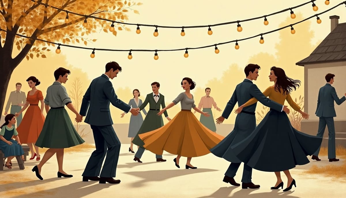 A village dance under strings of lights