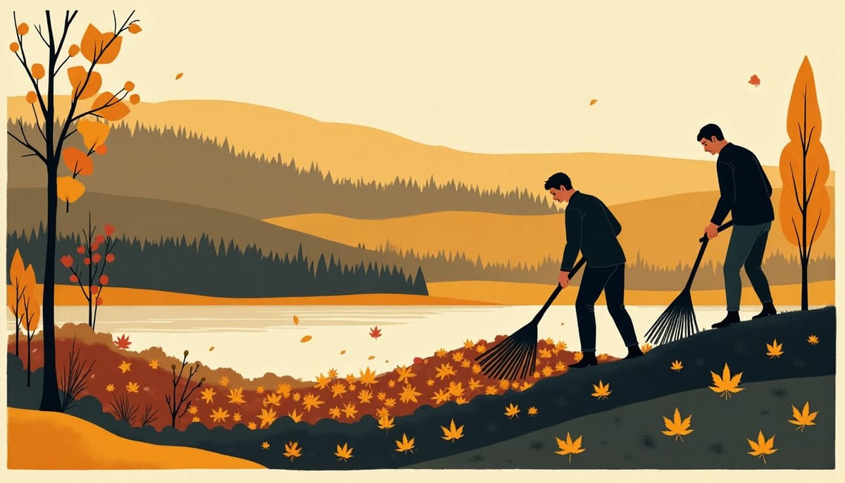 Two figures raking autumn leaves into a pile