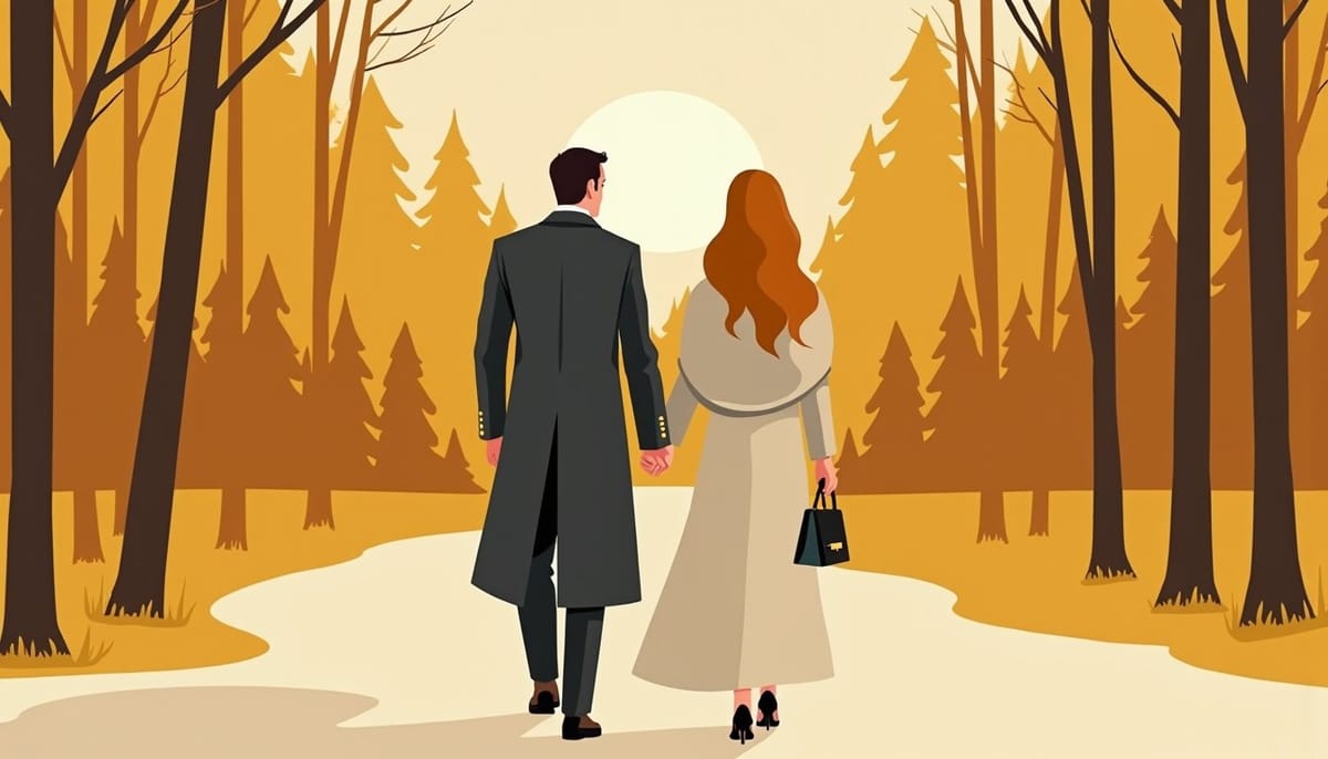 couple formed through a well-optimized dating profile, mid-century illustration