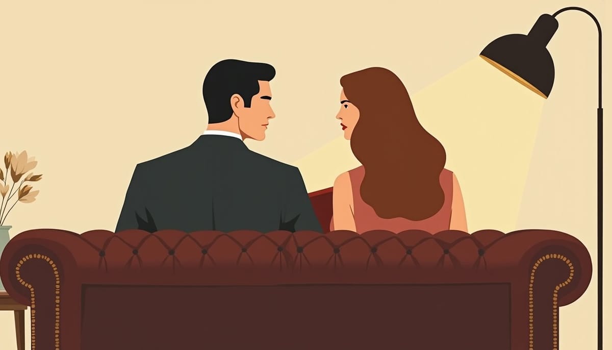 couple avoiding common psychological dating mistakes, mid-century illustration