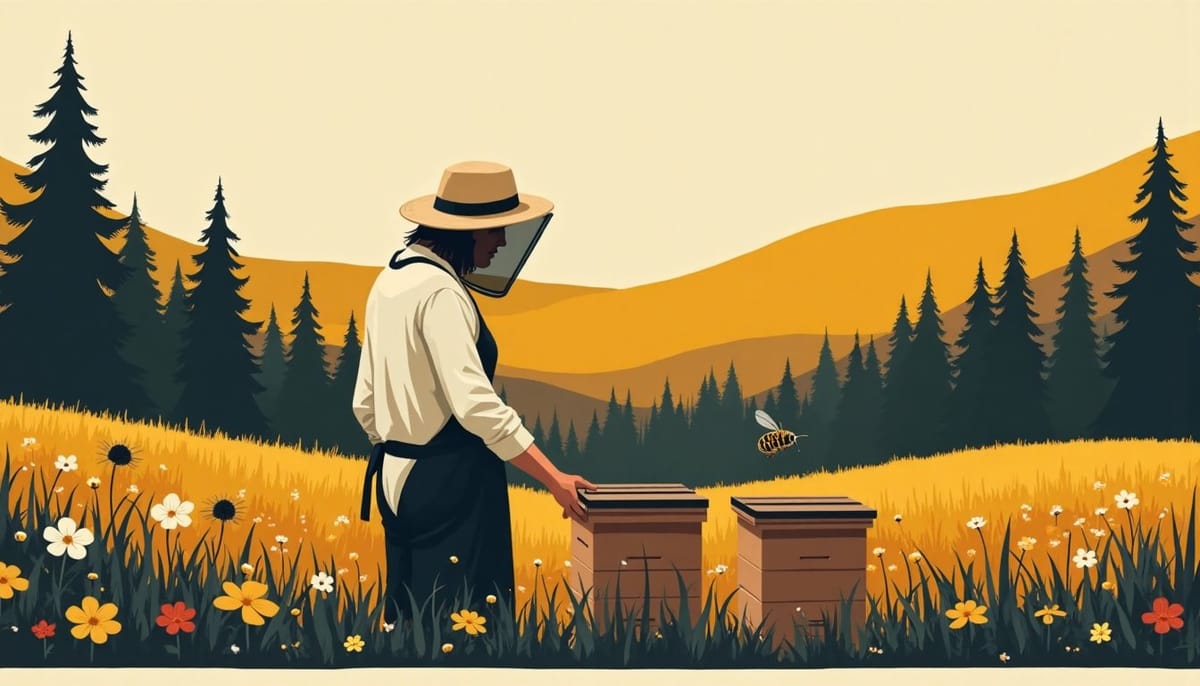 A beekeeper in a veil tending hives in a summer garden