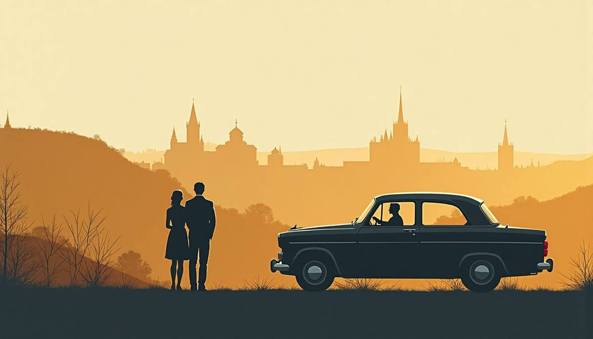 A couple watching a city from a car parked on a hill