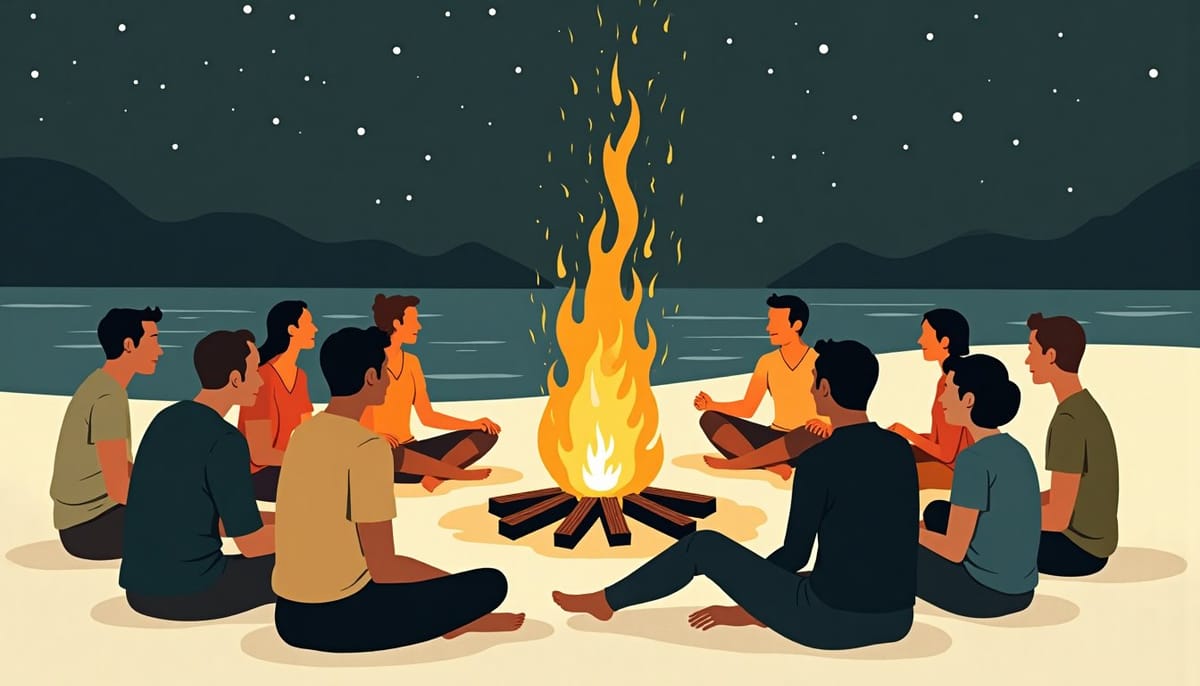 A bonfire on a beach at night
