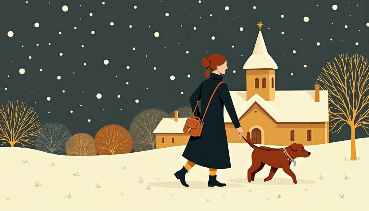 A woman walking a dog under falling snow at night