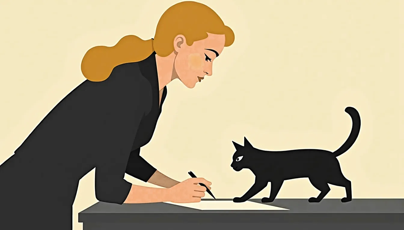 A cat walking across a table as a woman writes with a pen