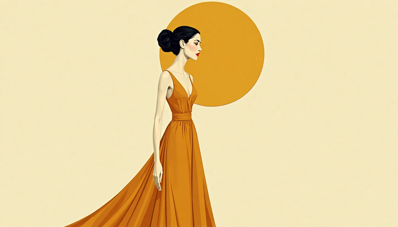 Femme slave élégante idéalisée auréolée de doré, illustration mid-century