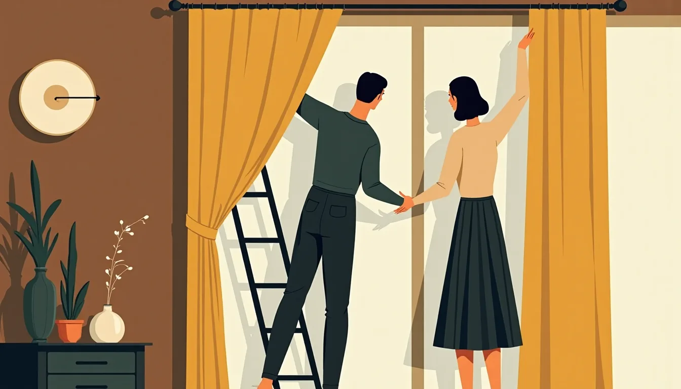 A couple hanging curtains together