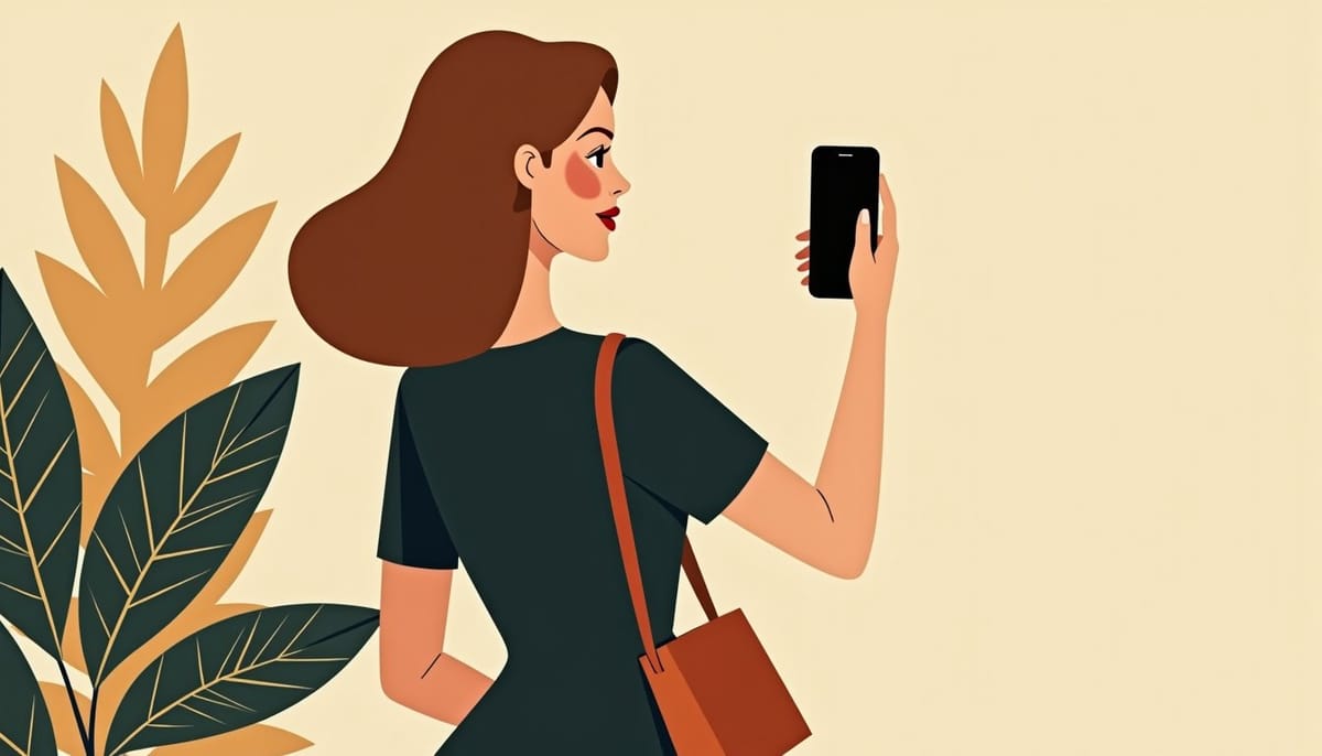 Femme faisant un selfie avec un sac de créateur, codes de vitrine d'Instagram