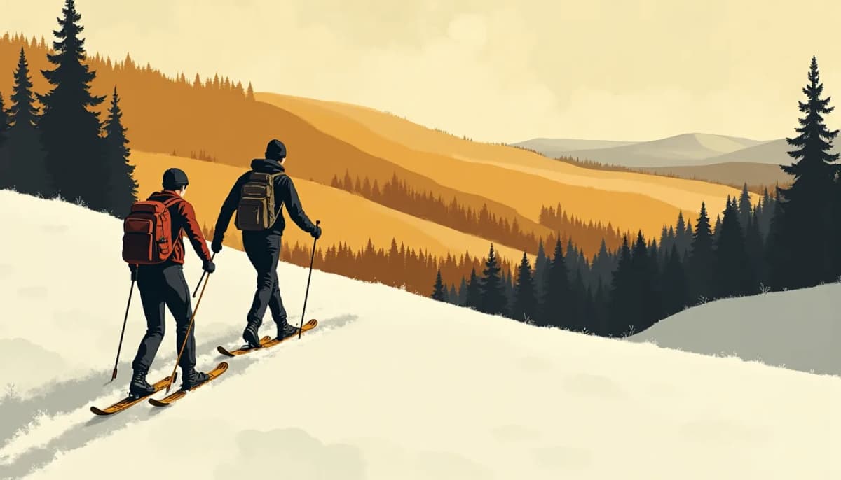 Two figures snowshoeing across a white slope