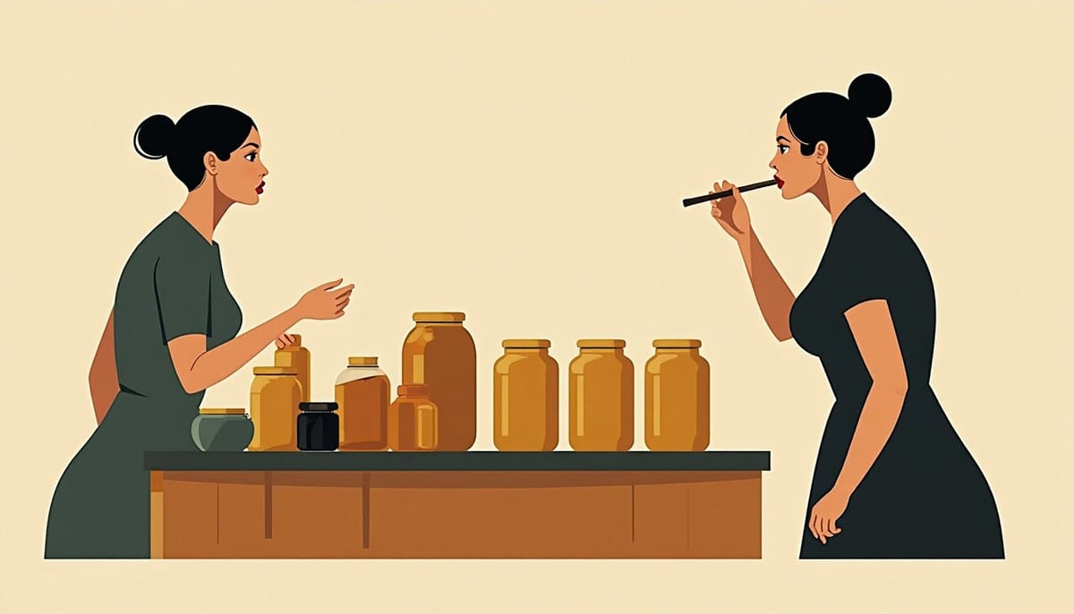 A honey stall with rows of jars