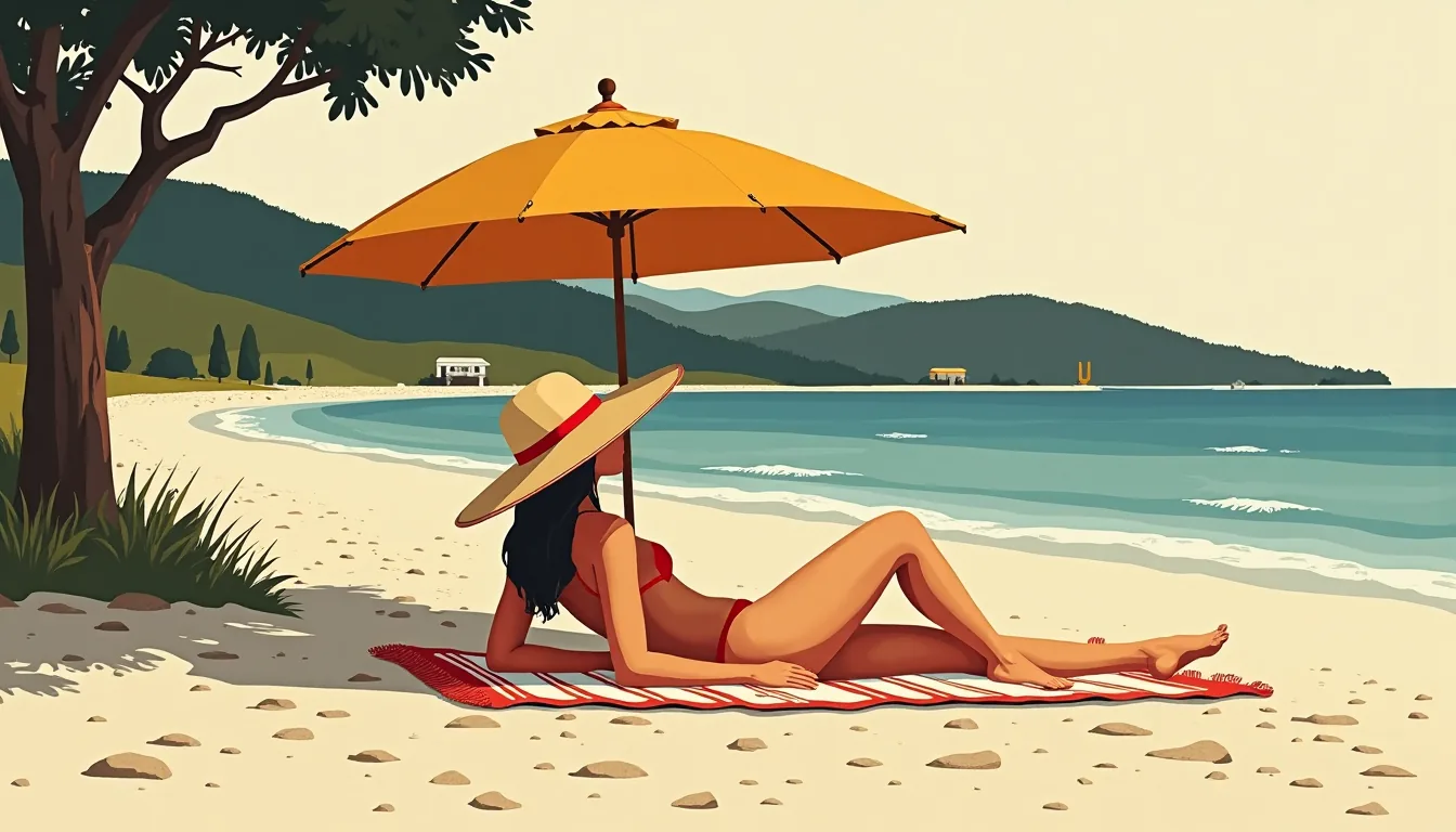 A woman lying on a striped towel under a wide parasol on a pebble beach