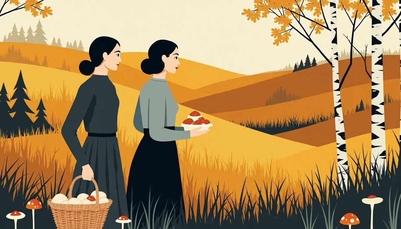 Two women picking mushrooms in a birch forest