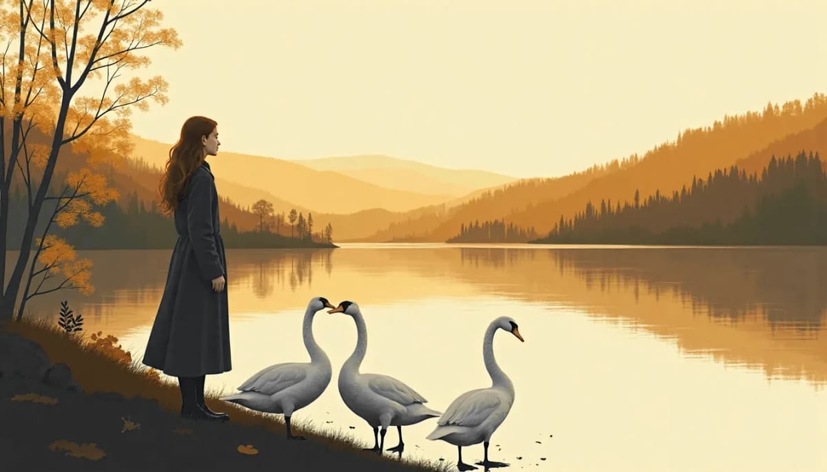 Femme debout au bord d'un lac, trois cygnes à ses pieds