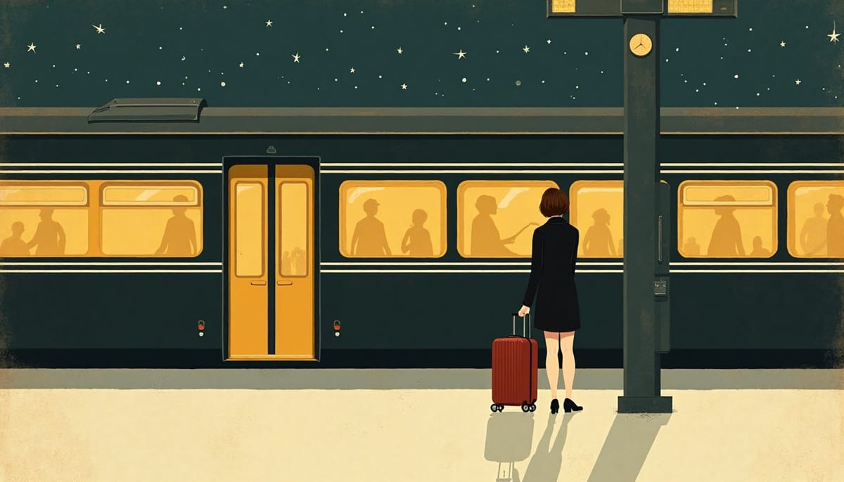 Иллюстрация в стиле середины века: женщина на ночном перроне, рядом один чемодан