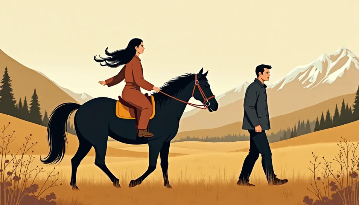 A young Kyrgyz woman with long dark hair rides a horse while a man walks alongside her across a mountain pasture near Bishkek