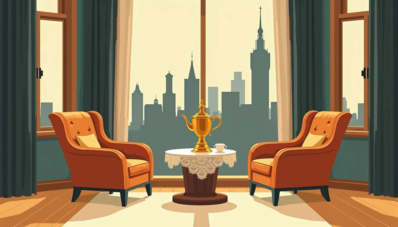 Samovar de cuivre et deux fauteuils se faisant face dans un salon