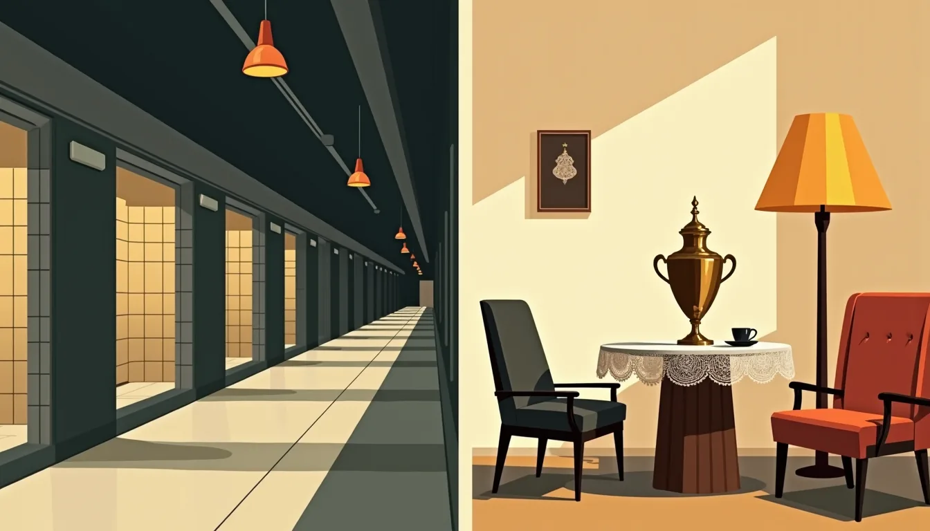Diptyque : quai de métro vide à Tokyo et intérieur russe chaleureux