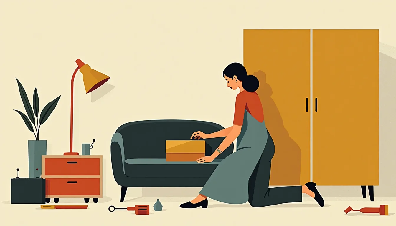 A woman assembling furniture on a bare floor