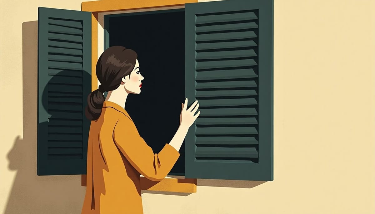 A woman closing shutters against the dark
