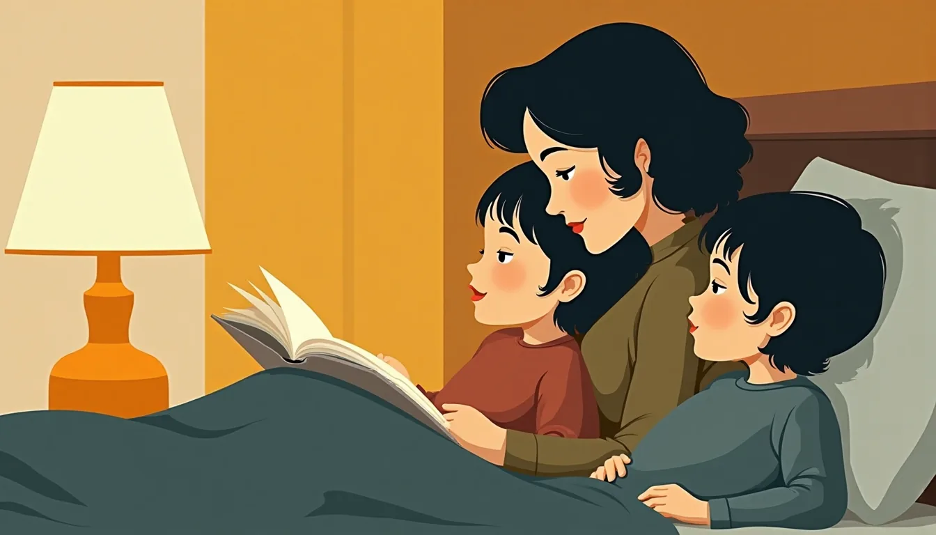 A mother reading to two children in a bed