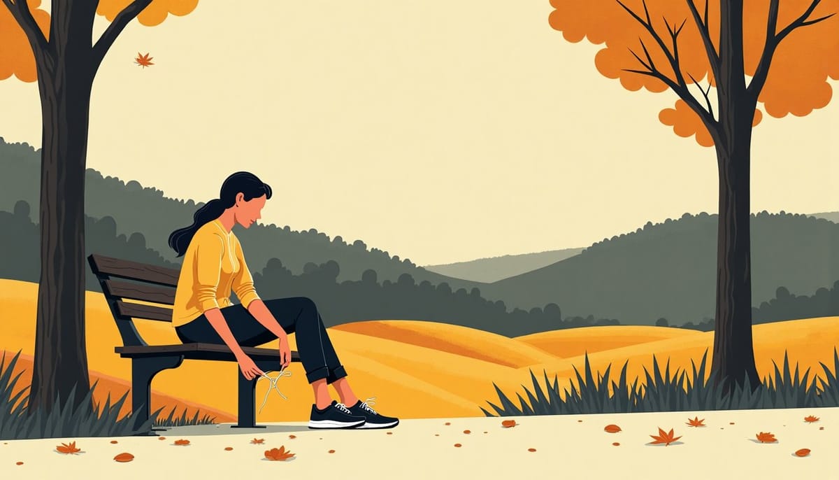 A woman lacing running shoes on a park bench