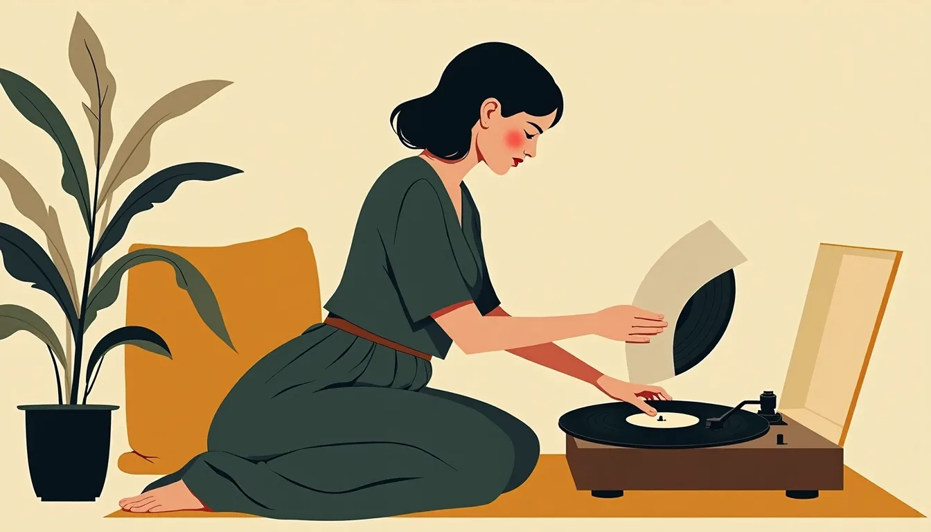 A woman sorting records beside a turntable