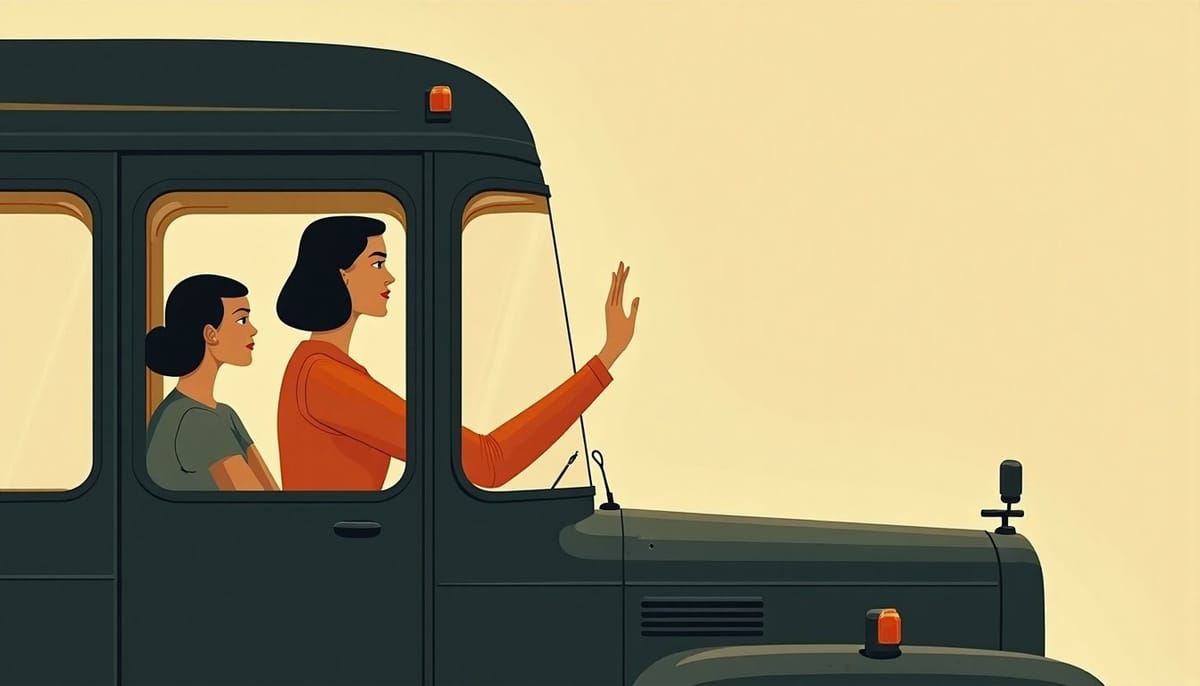 A woman waving from a departing bus window