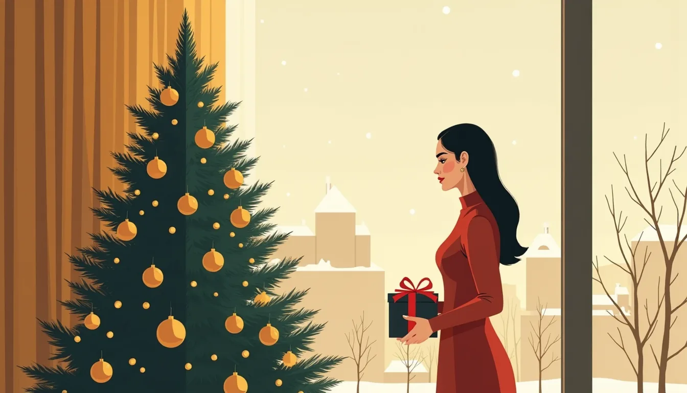 Jeune femme tenant un cadeau près du sapin du Nouvel An